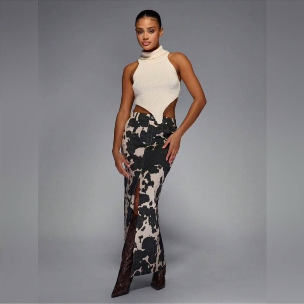 *NWT* Missguided Black and Cream Cow Print Patterned Western Skirt